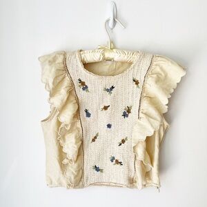 Pimkie Linen & Cotton Ruffle Top Crochet Boho Mini Small Cream‎